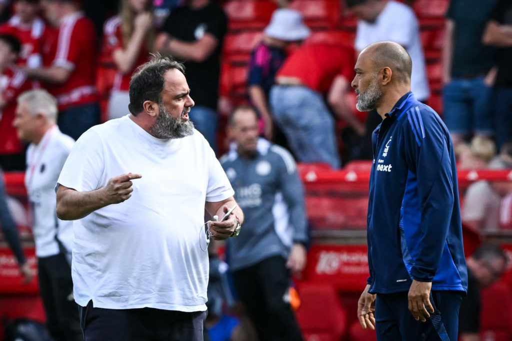 Nuno Espirito Santo and Evangelos Marinakis after Forest draw 2-2 with Leicester.