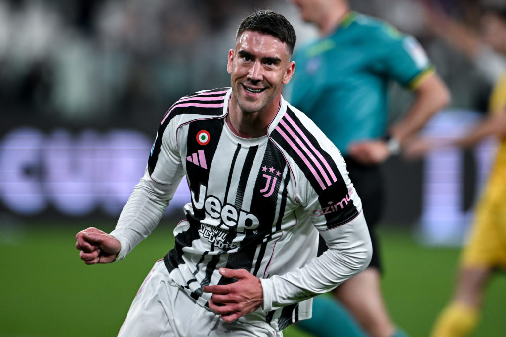 Dusan Vlahovic celebrates his goal during Juventus' Serie A match against Udinese.