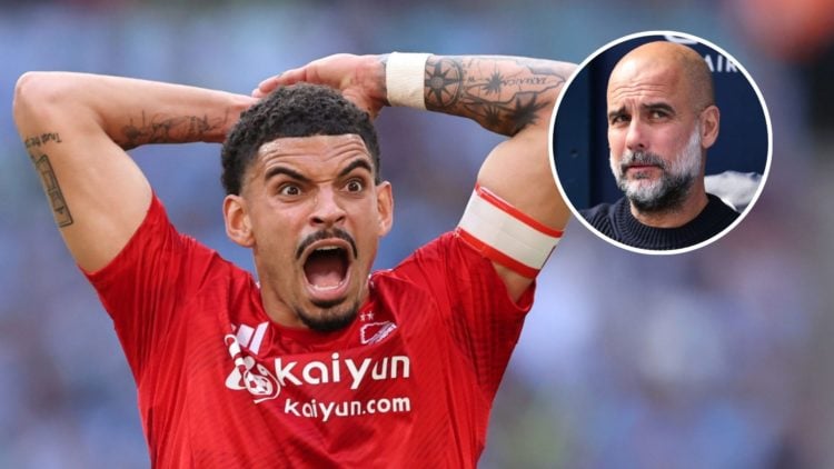 Main: Morgan Gibbs-White of Nottingham Forest reacts during the Emirates FA Cup Semi Final match against Manchester City. Inset: Pep Guardiola, man...