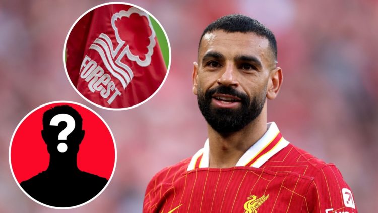 Main: Mohamed Salah of Liverpool during the Premier League match against Tottenham Hotspur. Inserts: A detailed view of the Nottingham Forest club ...