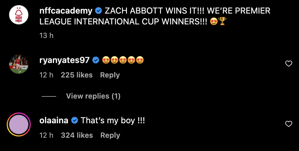 Ryan Yates and Ola Aina reply to an Instagram post about Nottingham Forest's Premier League International Cup triumph.