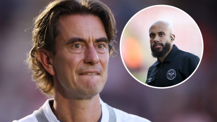 Thomas Frank, Manager of Brentford, looks on prior to the Carabao Cup Second Round match between Colchester United and Brentford. Inset: Bryan Mbeu...