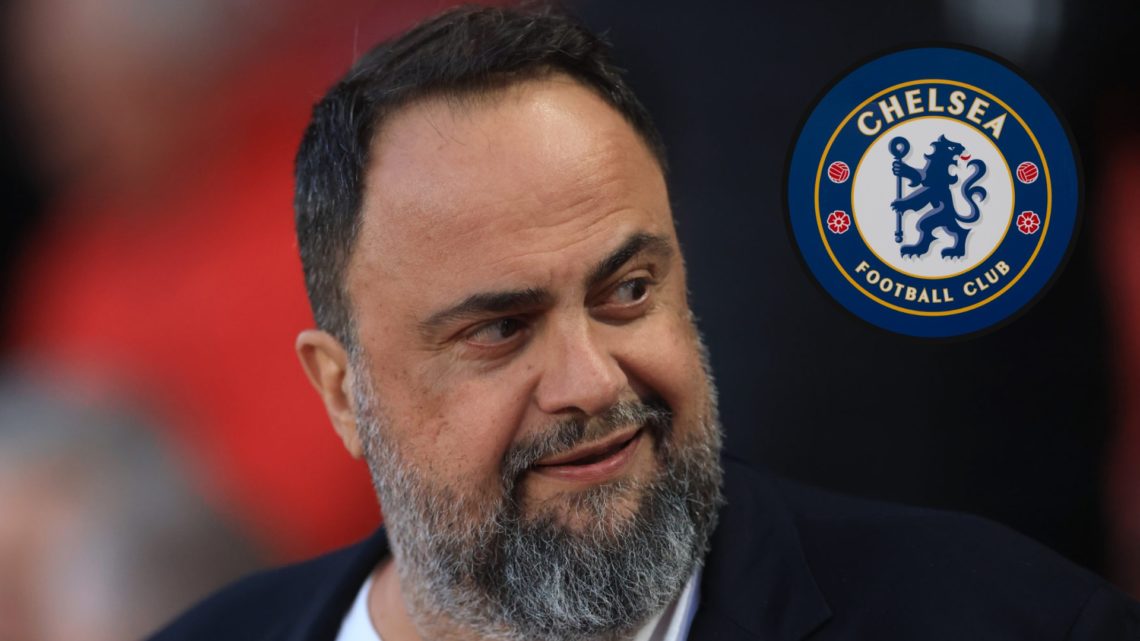 Evangelos Marinakis looks on ahead of Nottingham Forest vs Manchester United at the City Ground. Inset: Detailed view of the Chelsea badge