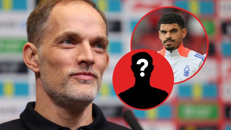 Thomas Tuchel, England's head coach, attends a press conference at Wembley Stadium. Inset: Morgan Gibbs-White of Nottingham Forest participates in ...