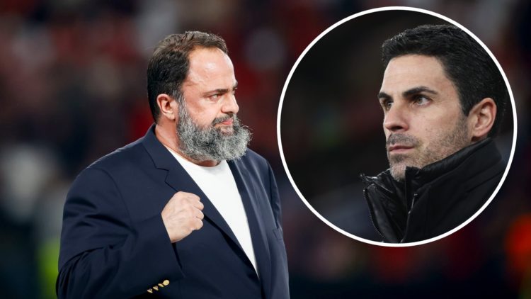 Evangelos Marinakis looks on after the UEFA Europa Conference League 2023/24 final match between Olympiacos FC and ACF Fiorentina. Inset: Arsenal m...