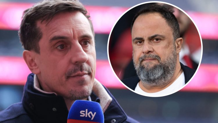 Sky Sports pundit Gary Neville looks on prior to the Premier League match between Tottenham Hotspur FC and Manchester United FC. Inset: Nottingham ...