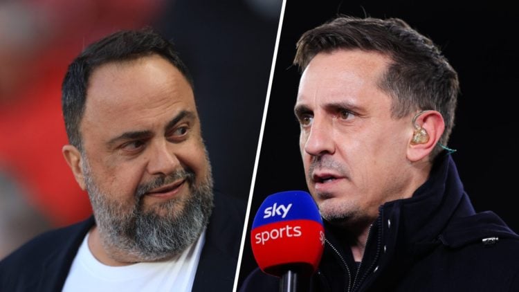Split image of: Evangelos Marinakis, Owner of Nottingham Forest, looks on during the Premier League match between Nottingham Forest FC and Manchest...