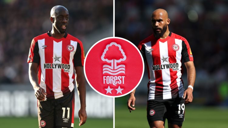 Split image of Yoane Wissa in action for Brentford FC vs Tottenham Hotspur and Bryan Mbeumo playing for Brentford FC vs Brighton & Hove Albion. Ins...