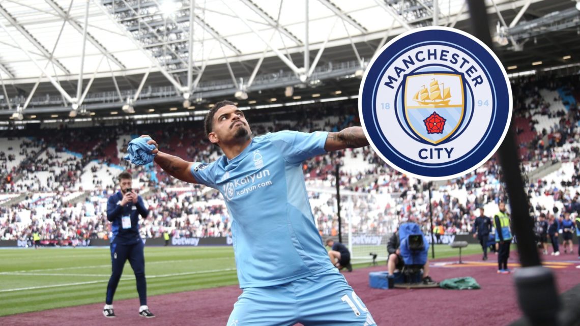 Morgan Gibbs-White and inset: Manchester City's club crest
