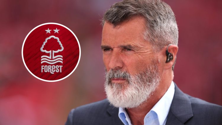 Roy Keane watches on. Inset of Nottingham Forest badge.