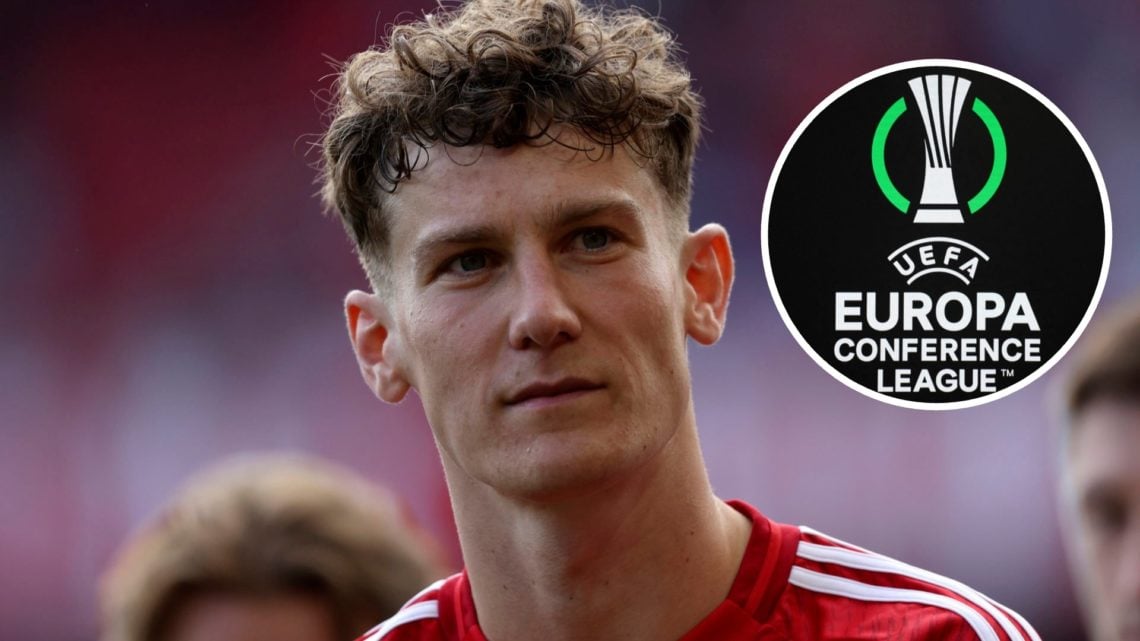 Ryan Yates of Nottingham Forest celebrates after the Premier League match between Nottingham Forest FC and Chelsea FC. Inset: The UEFA Conference L...