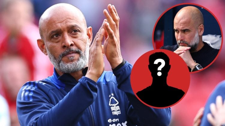 Nuno Espírito Santo applauds the fans at full time during the Premier League match between Nottingham Forest FC and Chelsea FC. Inset: Pep Guardiol...