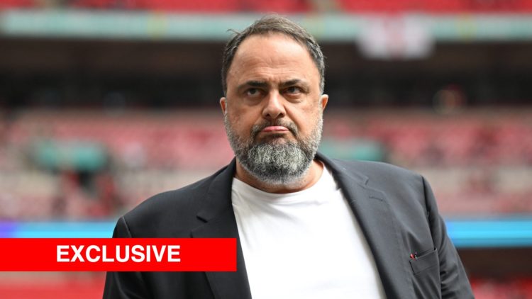 Nottingham Forest owner Evangelos Marinakis. Inset of exclusive banner.