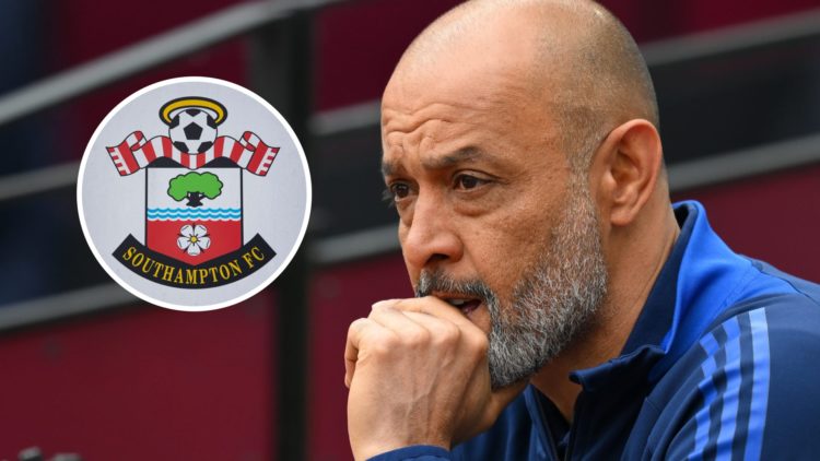 Nottingham Forest boss Nuno Espirito Santo. Inset of Southampton badge.