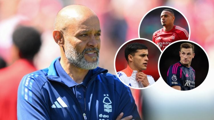 Nuno Espirito Santo watches on during Nottingham Forest vs Leicester City. Insets: Murillo in action in the FA Cup semi final between Nottingham Fo...