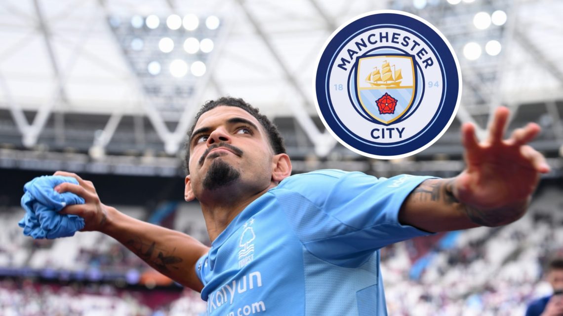 Morgan Gibbs-White vs West Ham and Inset: Manchester City's club badge