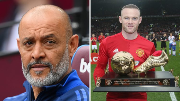 Nottingham Forest manager Nuno Espirito Santo. Former Manchester United player Wayne Rooney.