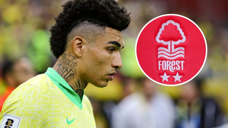Igor Jesus of Brazil getting on the field during the FIFA World Cup 2026 Qualifier match between Brazil and Peru. Inset: The club crest of Nottingh...