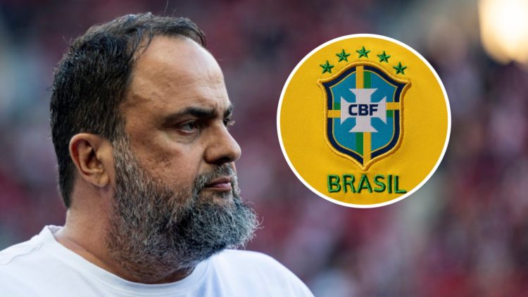 Evangelos Marinakis is seen ahead of the Greek Super League clash between Olympiacos and PAOK. Inset: A detailed view of the Brazil national team b...