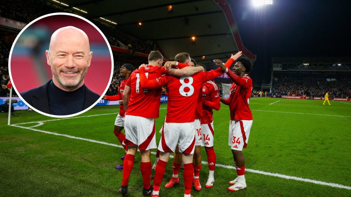 Nottingham Forest players celebrate. Inset of Alan Shearer.