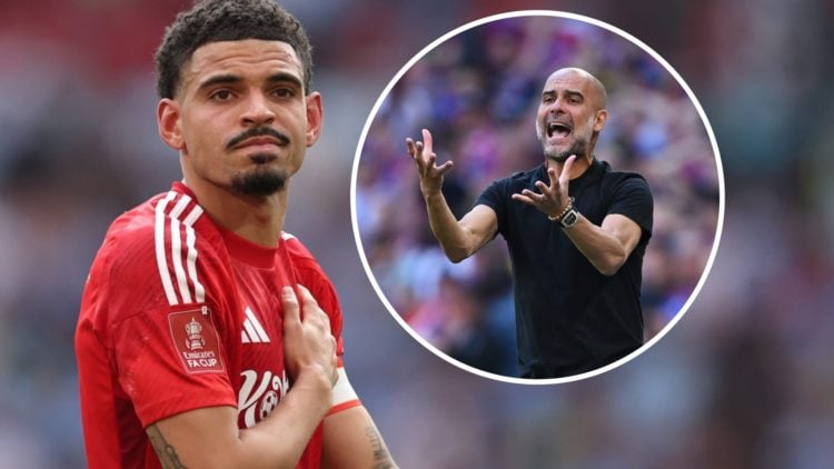 Morgan Gibbs-White pats the Nottingham Forest badge after the FA Cup semi-final against Manchester City. Inset: Pep Guardiola, Manager of Mancheste...