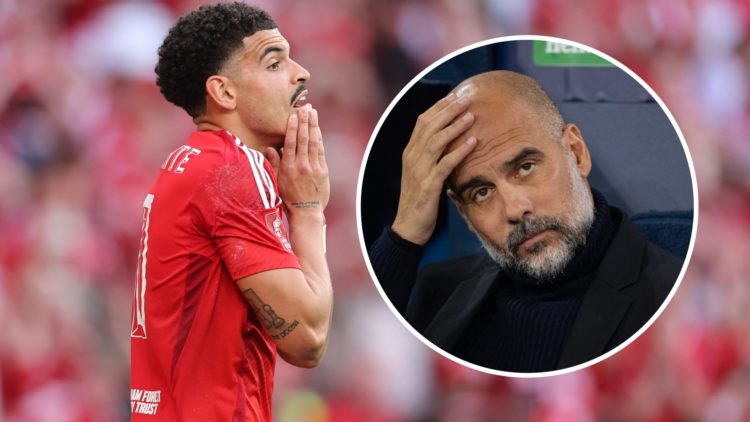 Morgan Gibbs-White looks frustrated (right) and Pep Guardiola puts head in hands (left)