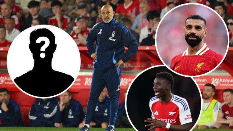 Nuno Espirito Santo watches Nottingham Forest (left), Bukayo Saka smiles (bottom right) and Mohamed Salah watches on (top right)