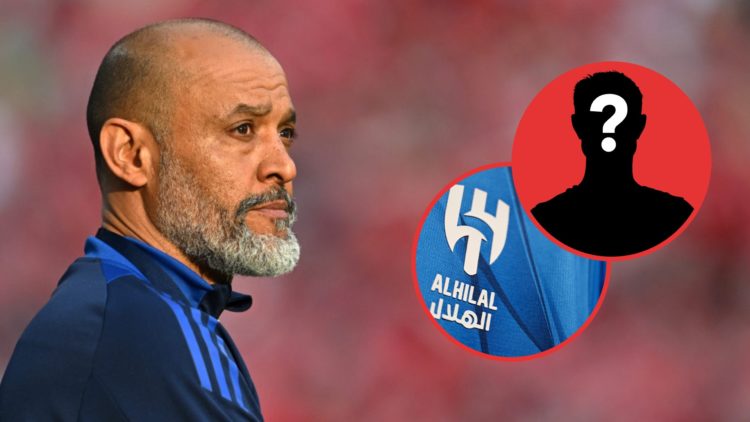 Nuno Espirito Santo looks on during the FA Cup semi-final between Nottingham Forest and Manchester City. Inset: The Al Hilal badge displayed on a f...