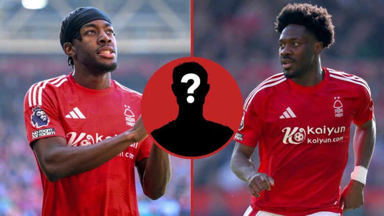 Split image of Anthony Elanga clapping the Nottingham Forest fans after the match between Nottingham Forest and Manchester City and Ola Aina in act...