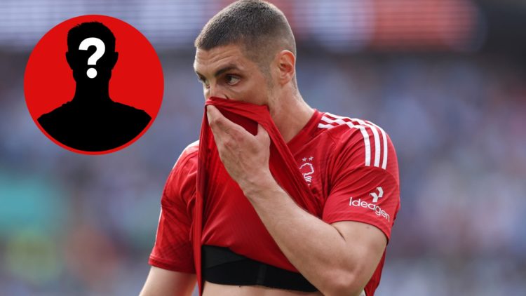 Nikola Milenkovic reacts during Nottingham Forest's FA Cup semi final clash vs Manchester City at Wembley Stadium