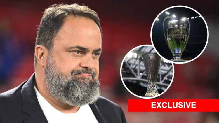 Evangelos Marinakis looks on prior to the Premier League match between Nottingham Forest FC and Liverpool FC. Insets: The trophy of the UEFA Europa...