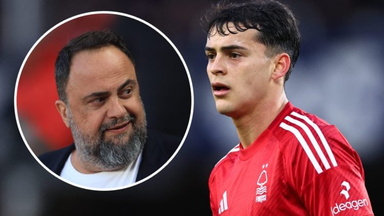 Ramon Sosa of Nottingham Forest during the Premier League match between Everton FC and Nottingham Forest FC. Inset: Evangelos Marinakis, Owner of N...