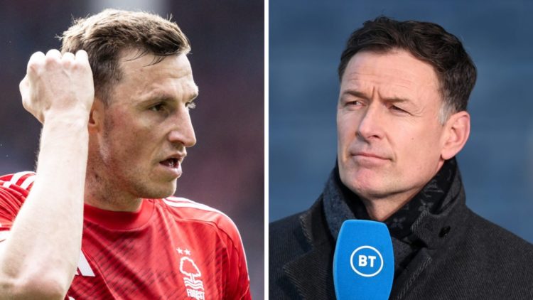 Left: Chris Wood playing for Nottingham Forest. Right: Chris Sutton working as a pundit.