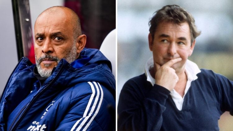 Left: Nuno Espirito Santo looks on during Nottingham Forest's Premier League match against Newcastle. Right: Brian Clough on the touchline for Nott...
