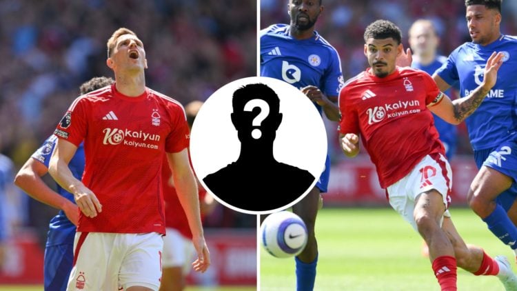 Chris Wood of Nottingham Forest looking frustrated (left), Morgan Gibbs-White of Forest dribbling with the ball, mystery overlay (centre)
