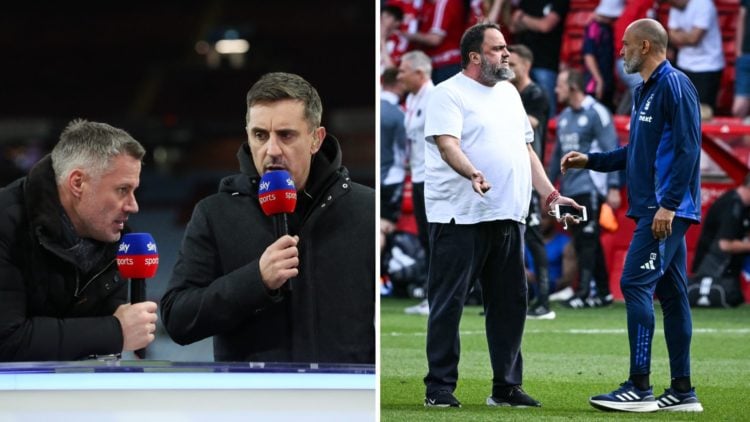 Gary Neville and Jamie Carragher in discussion (left), Evangelos Marinakis and Nuno Espirito Santo clash (right)