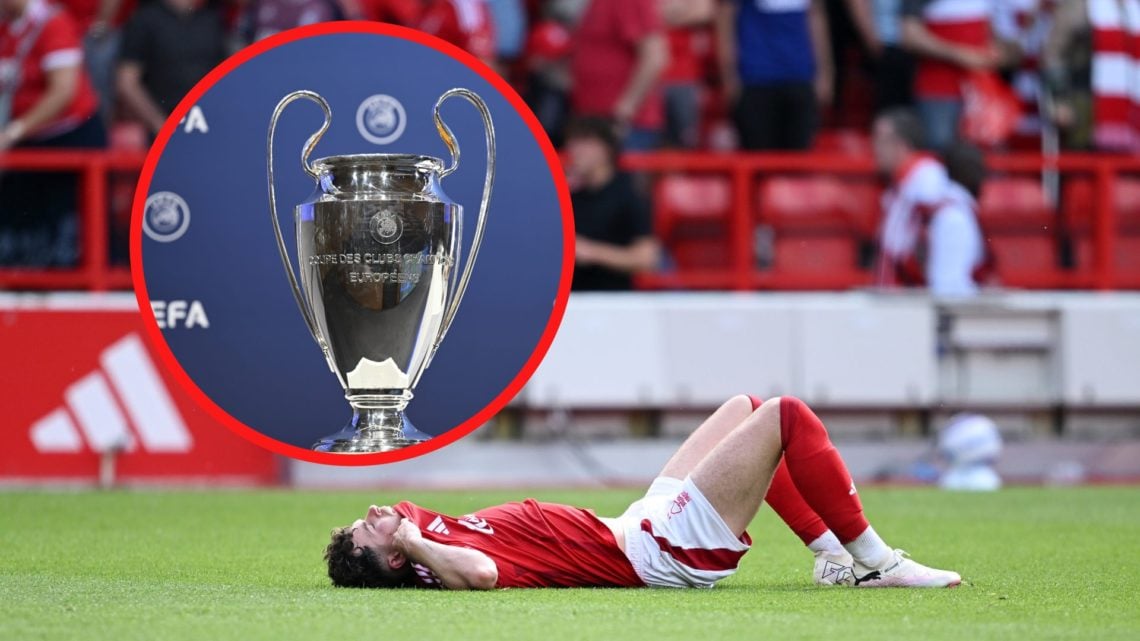 Neco Williams lies on floor at City Ground (bottom) and Champions League trophy (top)