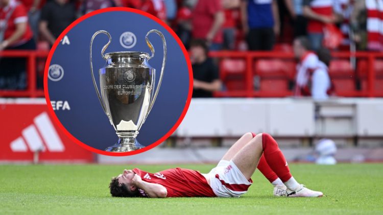 Neco Williams lies on floor at City Ground (bottom) and Champions League trophy (top)