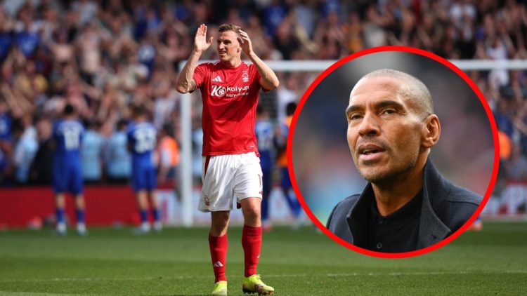 Chris Wood claps Nottingham Forest fans (left) and Stan Collymore watches on (right)
