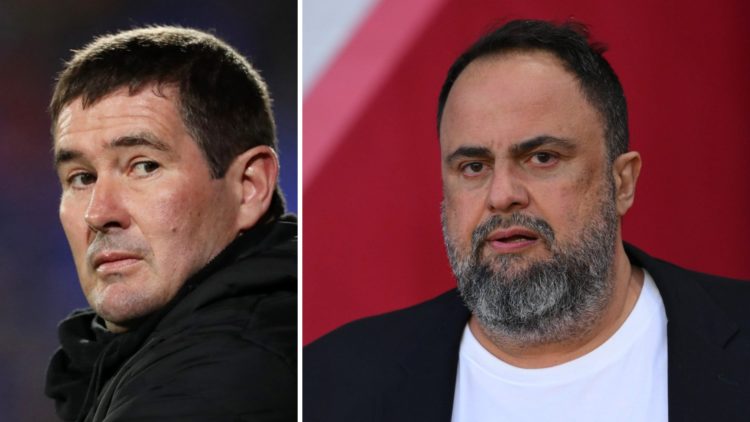 Nigel Clough manages football game and Evangelos Marinakis looks on