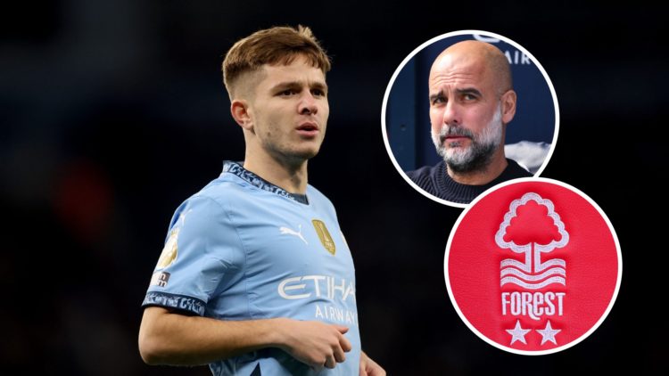 James McAtee playing for Man City (left) and Pep Guardiola looks on (right)