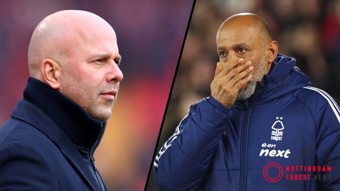 Split image of Arne Slot looking on during the Emirates FA Cup Third Round match between Liverpool and Accrington Stanley and Nuno Espirito Santo r...