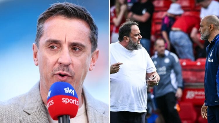 Sky Sports pundit Gary Neville. Nottingham Forest owner Evangelos Marinakis and manager Nuno Espirito Santo.