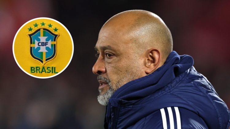 Nottingham Forest boss Nuno Espirito Santo watches on. Inset of Brazil badge.