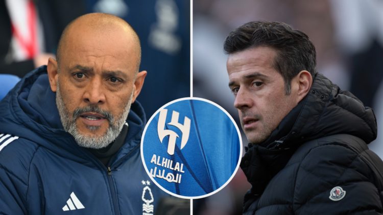 Split image of: Nuno Espirito Santo during the Emirates FA Cup Quarter Final match between Brighton and Hove Albion and Nottingham Forest and Marco...