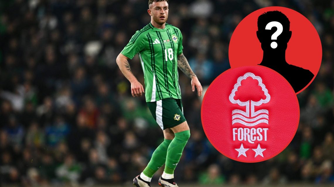 Dale Taylor in action for Northern Ireland in an international friendly against Switzerland, with an inset of the Nottingham Forest crest