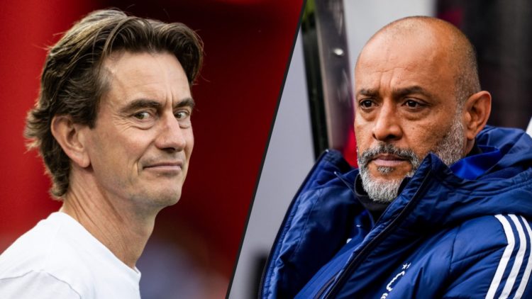 Split image of Thomas Frank looking on during Nottingham Forest vs Brentford FC and Nuno Espirito Santo Prior to Newcastle United vs Nottingham Forest