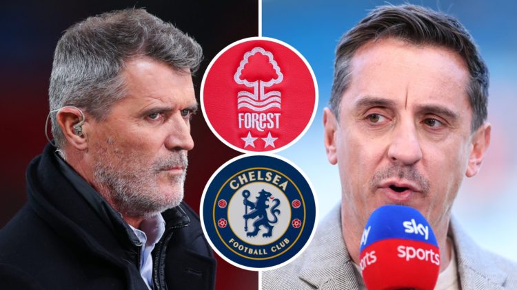 Split image of: Roy Keane during the UEFA Nations League 2024/25 League B Group B2 match between England and Greece and Gary Neville presenting for...