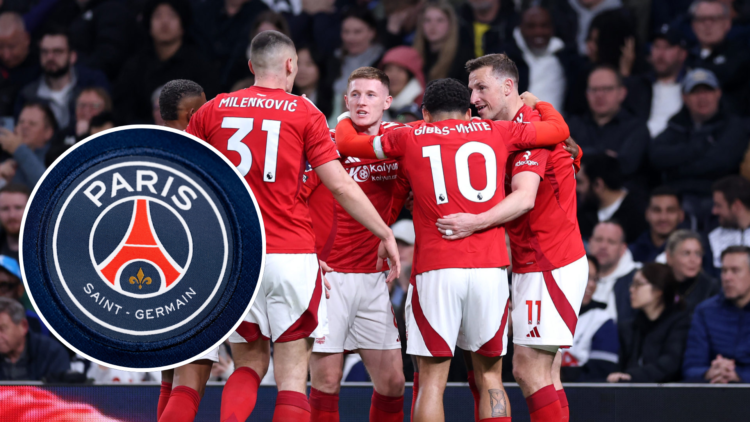 Chris Wood of Nottingham Forest celebrates scoring his team's second goal with teammates during the Premier League match between Tottenham Hotspur ...