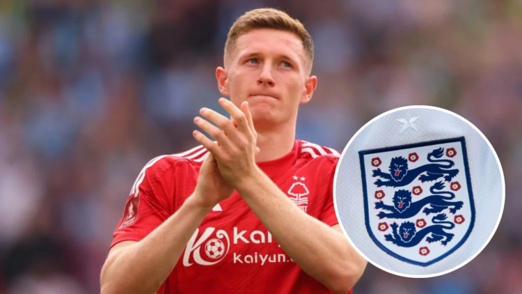 Elliot Anderson of Nottingham Forest applauds during the Emirates FA Cup Semi Final match between Nottingham Forest and Manchester City. Inset, The...